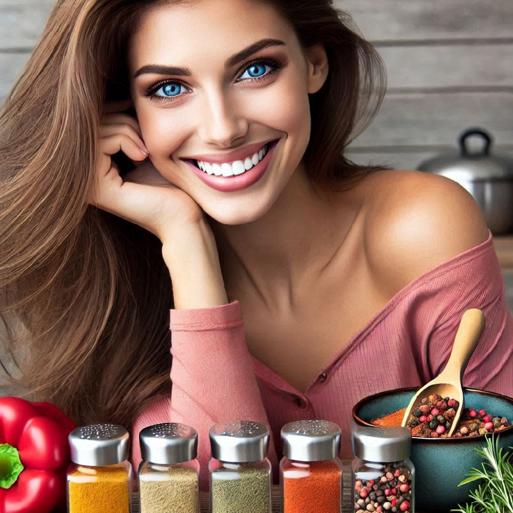 An elegant woman with long, luscious hair smiles as she prepares a homemade hair mask using turmeric and cinnamon. The golden blend is known for its nourishing properties, helping her achieve shine and strength, while embracing the power of nature’s spices to boost hair health from root to tip.